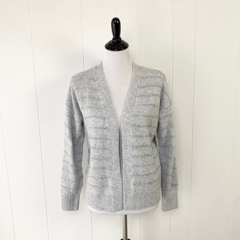 Maurices Grey Silver Metallic Tinsel Stripe Open Front Cardigan Size Small